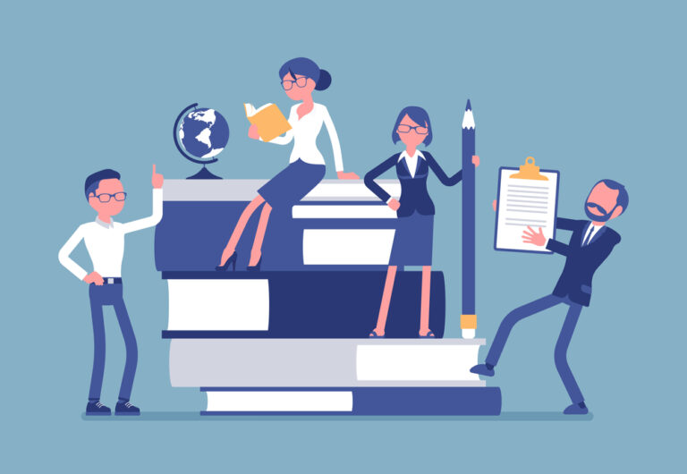 Teachers,Group,At,Giant,Books.,School,Or,College,Workers,With